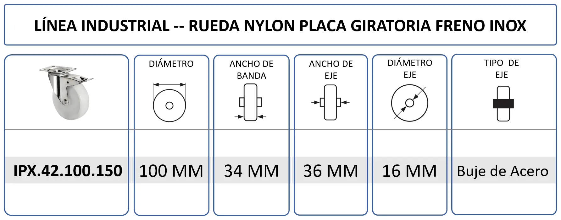 RUEDA GIRATORIA CON FRENO 304/POLIURETANO DIAMETRO: 100 mm