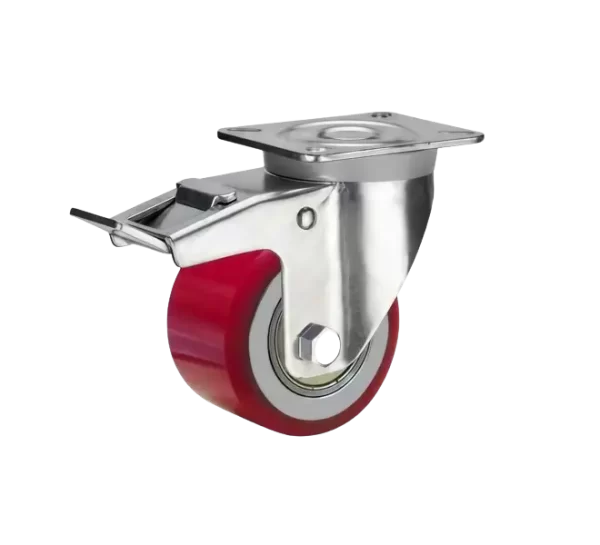 ROTAR LTDA. Rueda NANO Poliuretano Hierro Fundido Placa Giratoria. Freno Total. Diámetro 80 mm Carga 300 Kg.